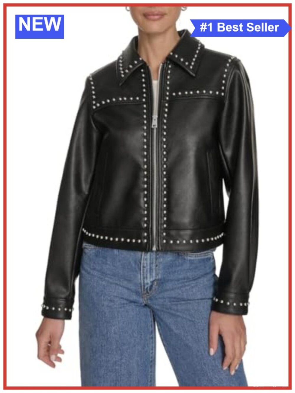 Faux Leather Studded Moto Jacket Zip Front Long Sleeve